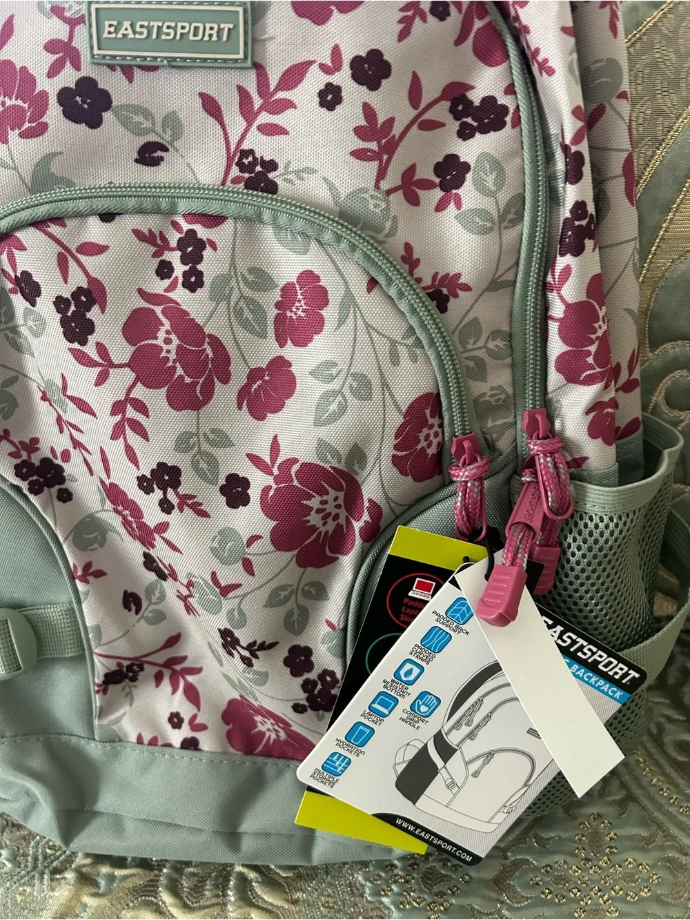 Eastsport Mint Floral Women's Backpack with Pink Accents
